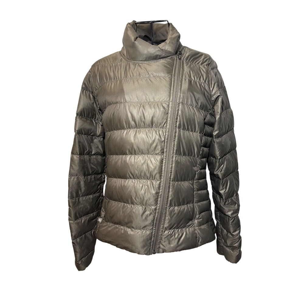 Athleta Asymmetrical Zip Goose Down Puffer Jacket Olive Green